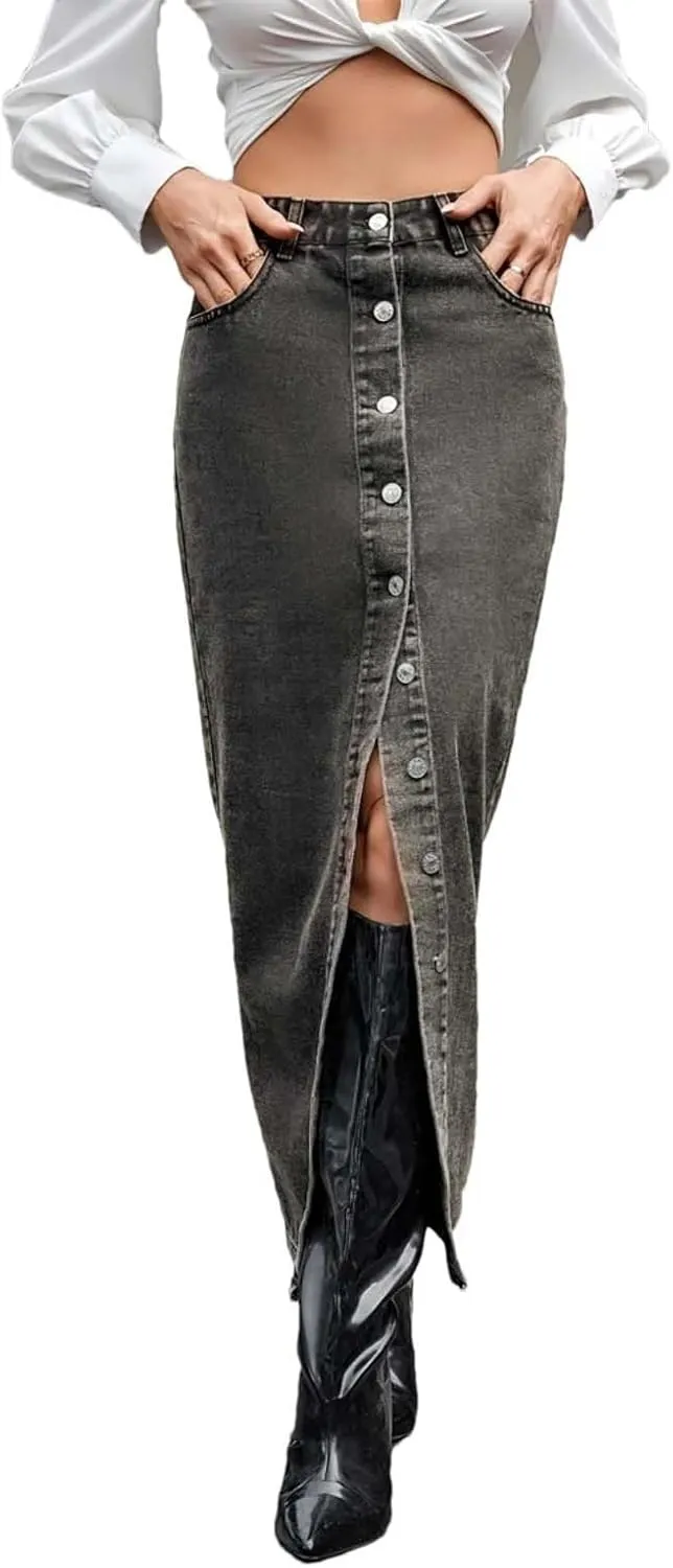 Women High Waist Button Front Split Denim Skirt Casual Maxi Skirt Vintage Side Slit Skirt