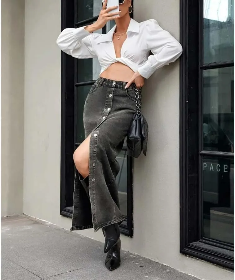 Women High Waist Button Front Split Denim Skirt Casual Maxi Skirt Vintage Side Slit Skirt