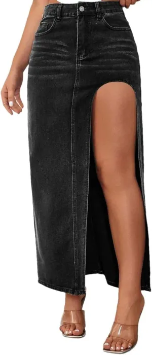 Women High Waist Button Front Split Denim Skirt Casual Maxi Skirt Vintage Style with Side Slit