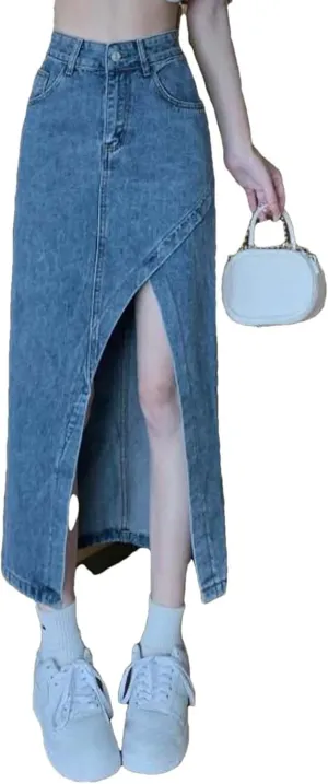Women High Waist Button Front Split Denim Skirt Casual Maxi Skirt Vintage with Side Slit Detail