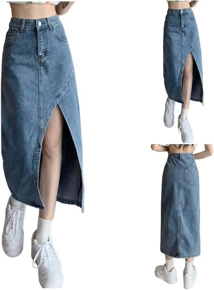 Women High Waist Button Front Split Denim Skirt Casual Maxi Skirt Vintage with Side Slit Detail