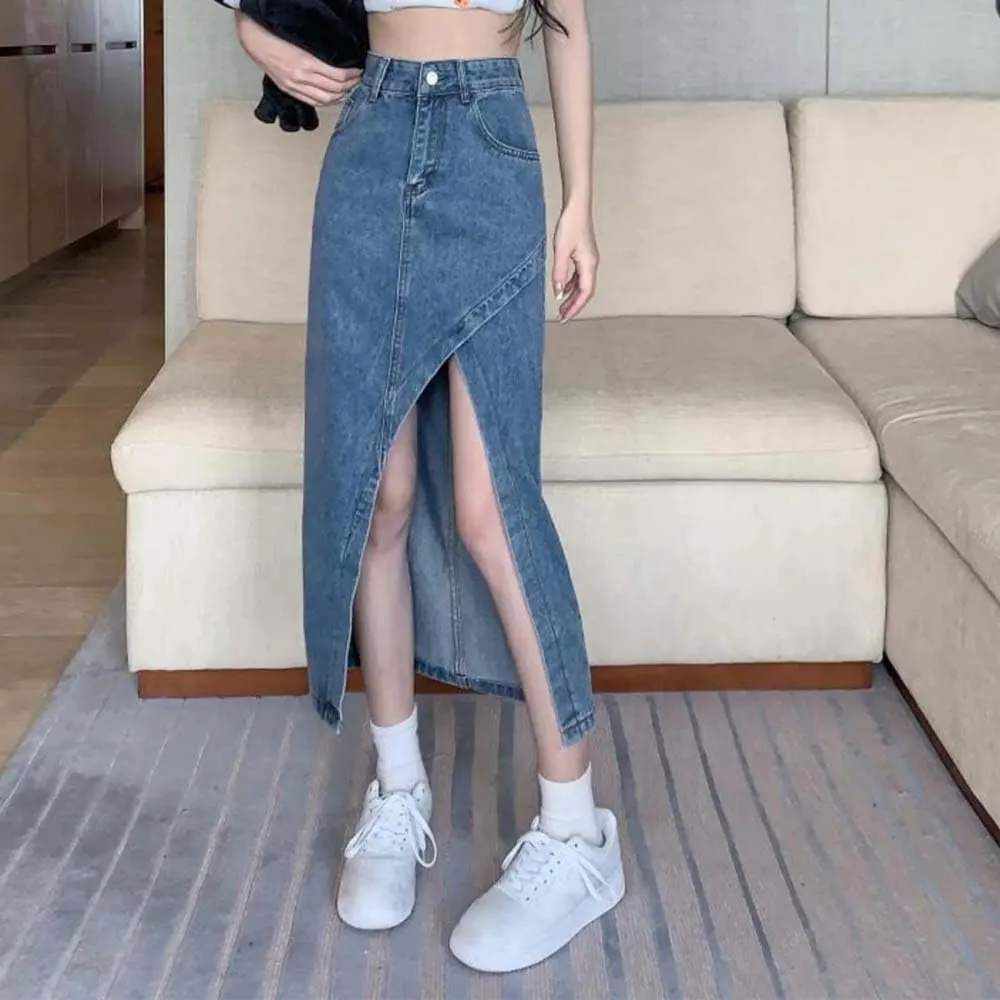 Women High Waist Button Front Split Denim Skirt Casual Maxi Skirt Vintage with Side Slit Detail