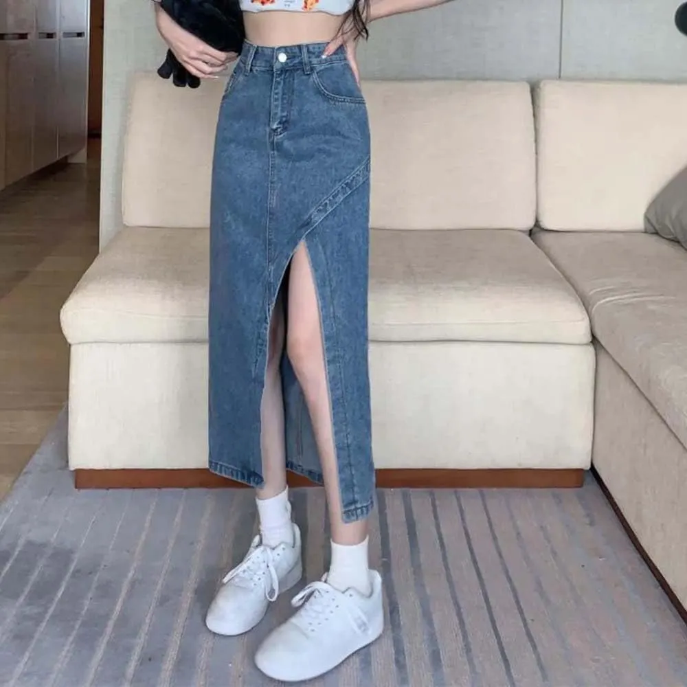 Women High Waist Button Front Split Denim Skirt Casual Maxi Skirt Vintage with Side Slit Detail