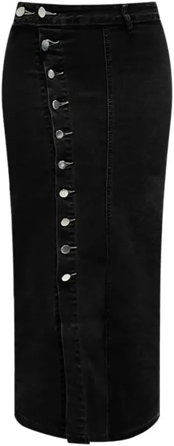 Women High Waist Button Front Split Denim Skirt Casual Midi Stretch Slim Fit Vintage Long Button Detail