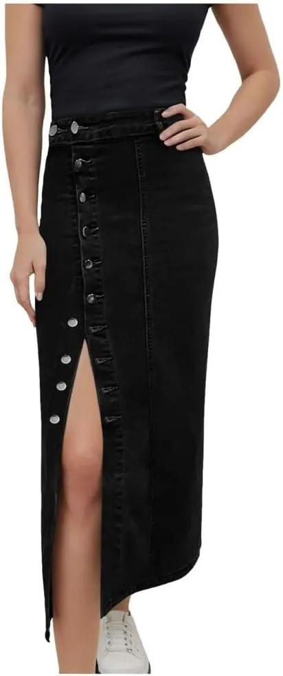 Women High Waist Button Front Split Denim Skirt Casual Midi Stretch Slim Fit Vintage Long Button Detail
