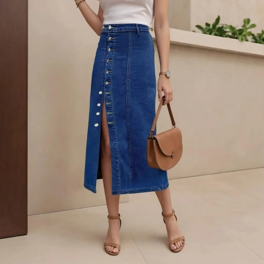 Women High Waist Button Front Split Denim Skirt Casual Midi Stretch Slim Fit Vintage Long Button Detail