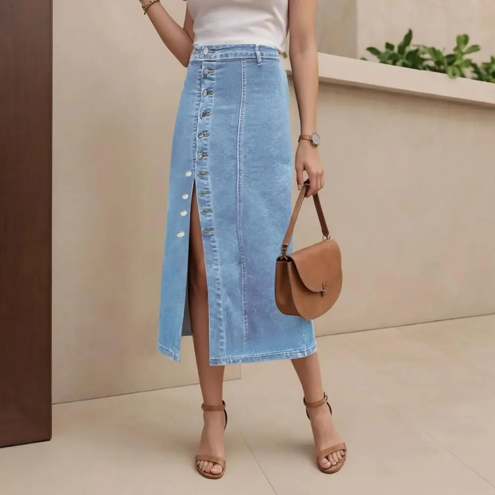 Women High Waist Button Front Split Denim Skirt Casual Midi Stretch Slim Fit Vintage Long Button Detail