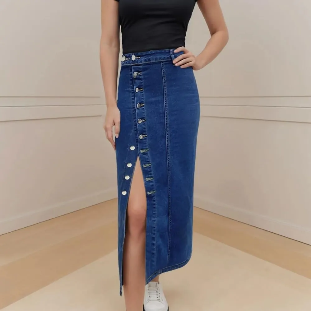 Women High Waist Button Front Split Denim Skirt Casual Midi Stretch Slim Fit Vintage Long Button Detail