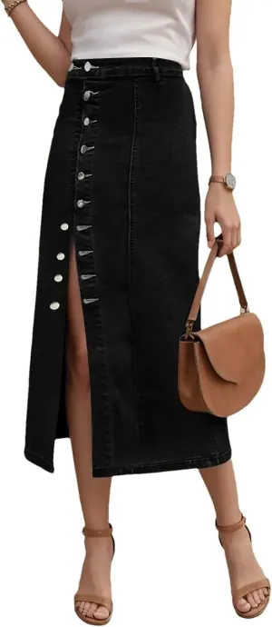 Women High Waist Button Front Split Denim Skirt Casual Midi Stretch Slim Fit Vintage Long Button Detail