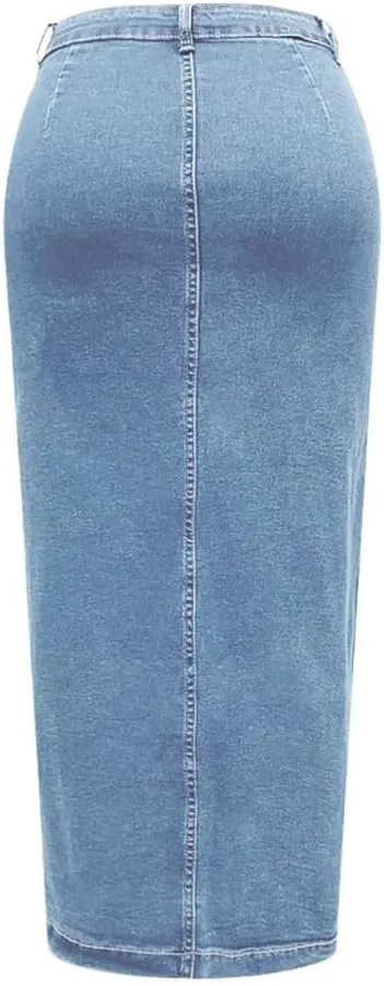 Women High Waist Button Front Split Denim Skirt Casual Midi Stretch Slim Fit Vintage Long Skirt