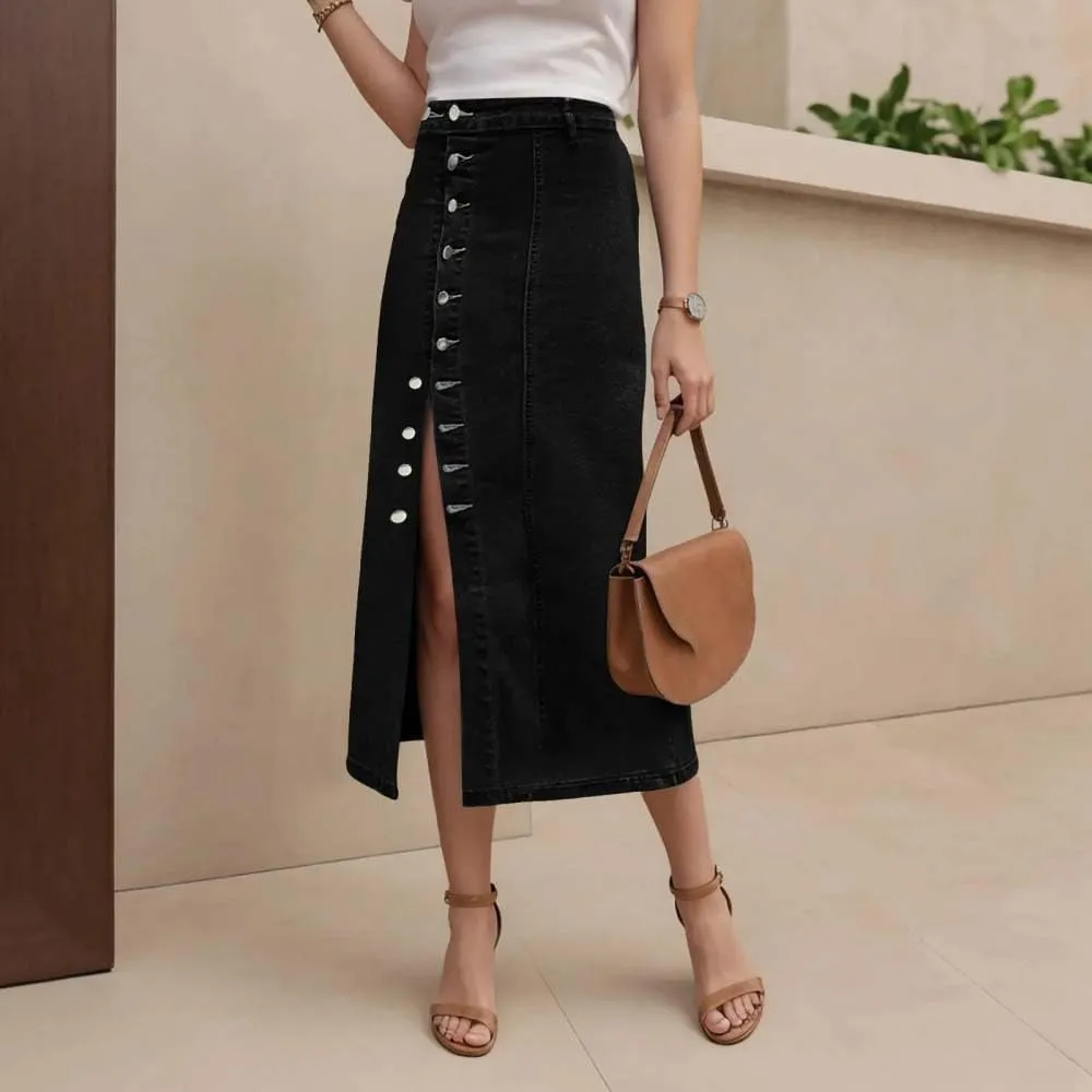 Women High Waist Button Front Split Denim Skirt Casual Midi Stretch Slim Fit Vintage Long Skirt