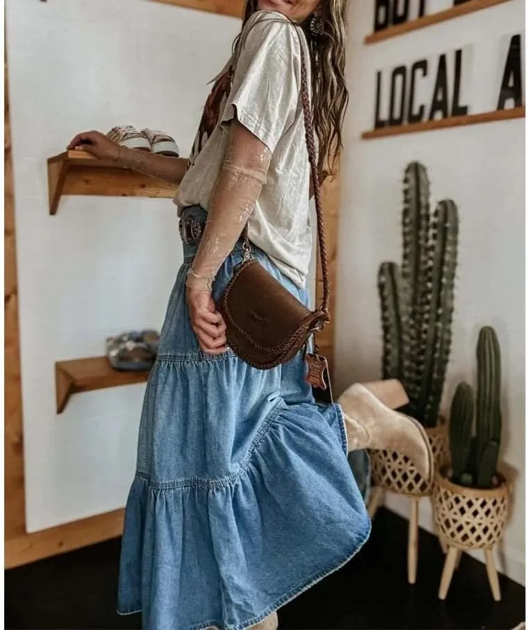 Women High Waist Button Front Tiered Denim Skirt Casual Maxi Skirt with Belt Vintage Style
