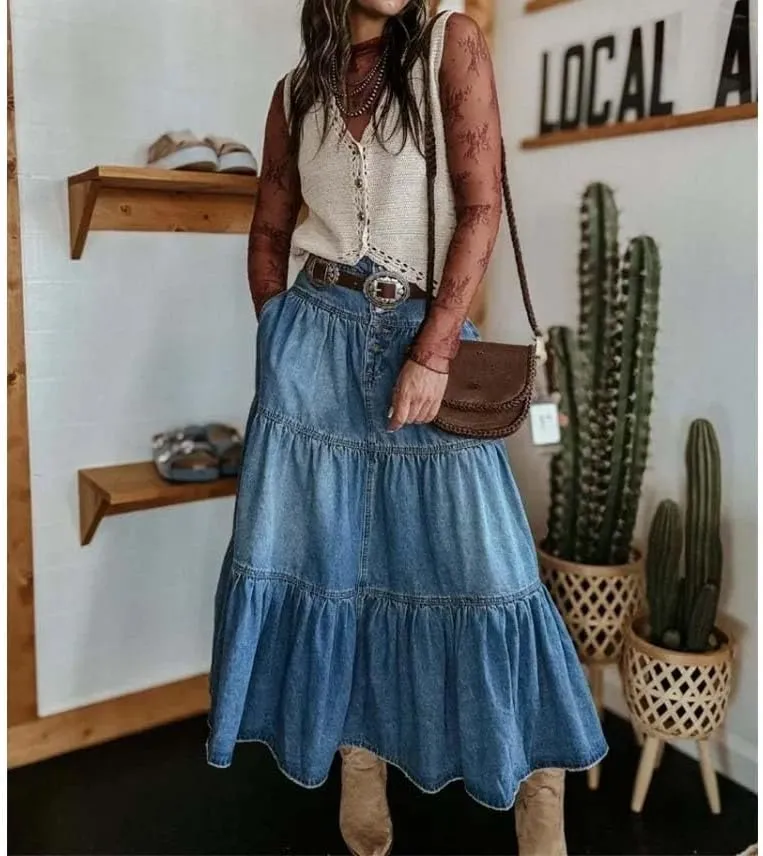 Women High Waist Button Front Tiered Denim Skirt Casual Maxi Skirt with Belt Vintage Style