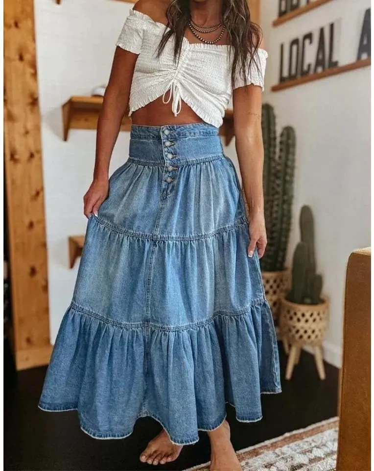 Women High Waist Button Front Tiered Denim Skirt Casual Maxi Skirt with Belt Vintage Style