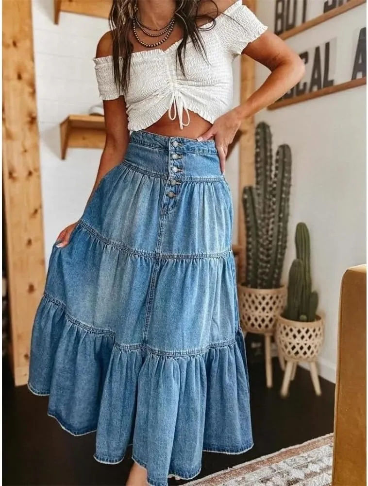 Women High Waist Button Front Tiered Denim Skirt Casual Maxi Skirt with Belt Vintage Style