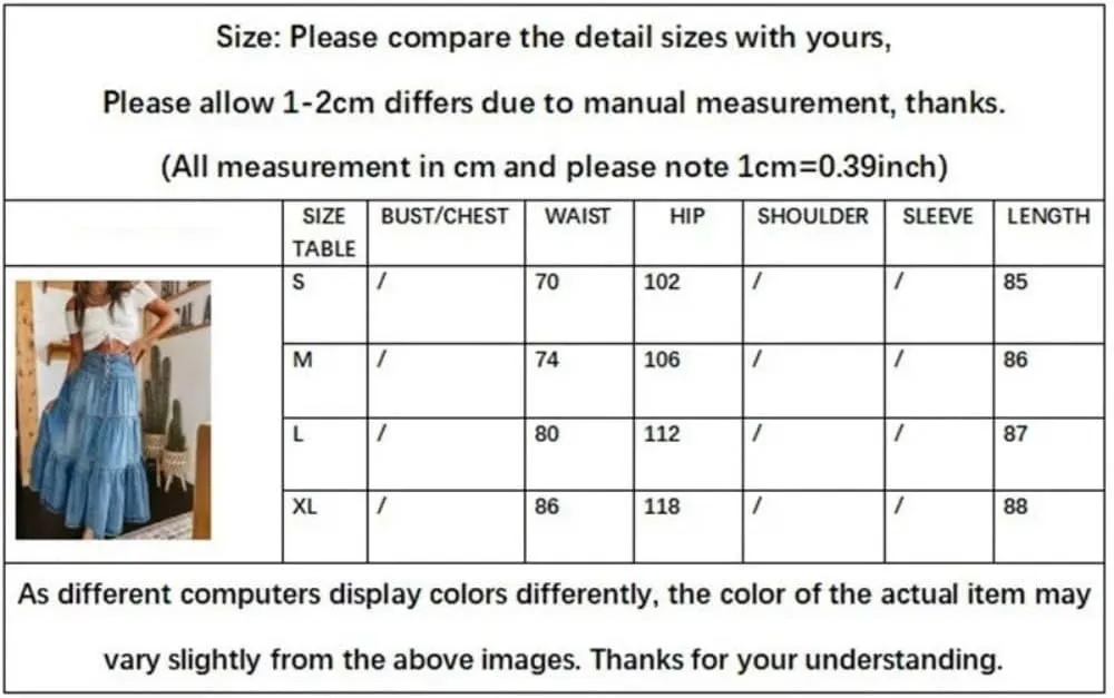 Women High Waist Button Front Tiered Denim Skirt Casual Maxi Skirt with Belt Vintage Style