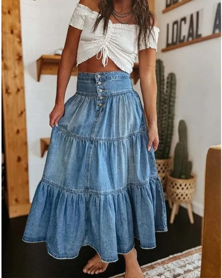Women High Waist Button Front Tiered Denim Skirt Casual Maxi Skirt with Belt Vintage Style