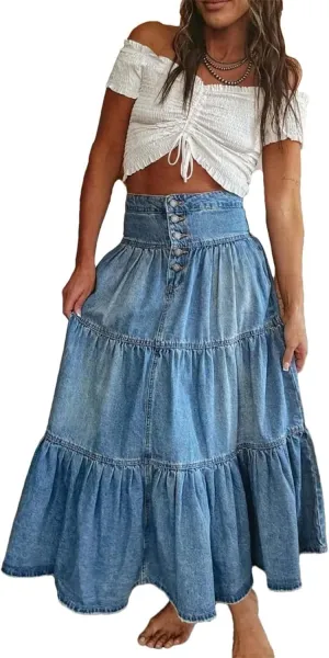 Women High Waist Button Front Tiered Denim Skirt Casual Maxi Skirt with Belt Vintage Style
