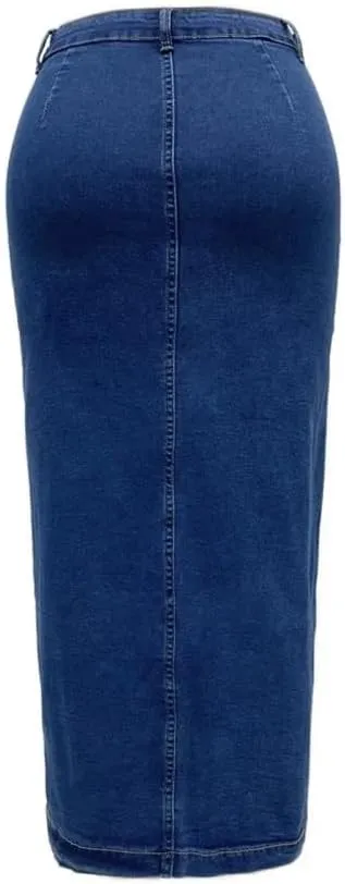 Women High Waist Button Side Split Denim Skirt Slim Fit Casual Streetwear Long Pencil Skirt