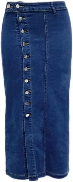 Women High Waist Button Side Split Denim Skirt Slim Fit Casual Streetwear Long Pencil Skirt