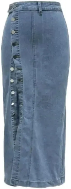 Women High Waist Button Side Split Denim Skirt Slim Fit Casual Streetwear Long Pencil Skirt
