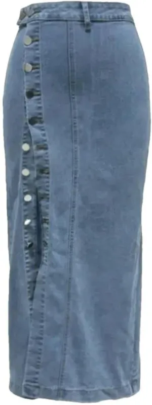Women High Waist Button Side Split Denim Skirt Slim Fit Casual Streetwear Long Pencil Skirt