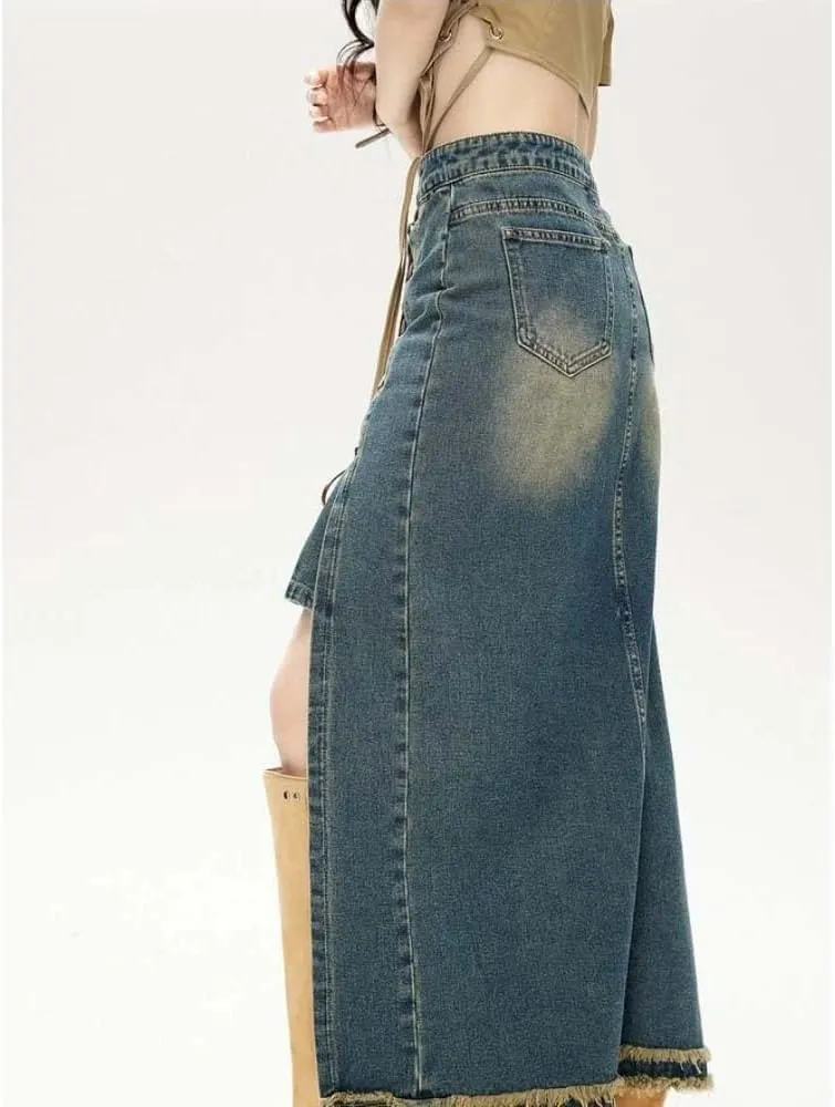 Women High Waist Lace-Up Front Split Denim Skirt Casual Maxi Skirt Vintage Style Frayed Hem Detail