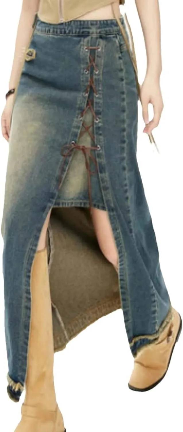 Women High Waist Lace-Up Front Split Denim Skirt Casual Maxi Skirt Vintage Style Frayed Hem Detail