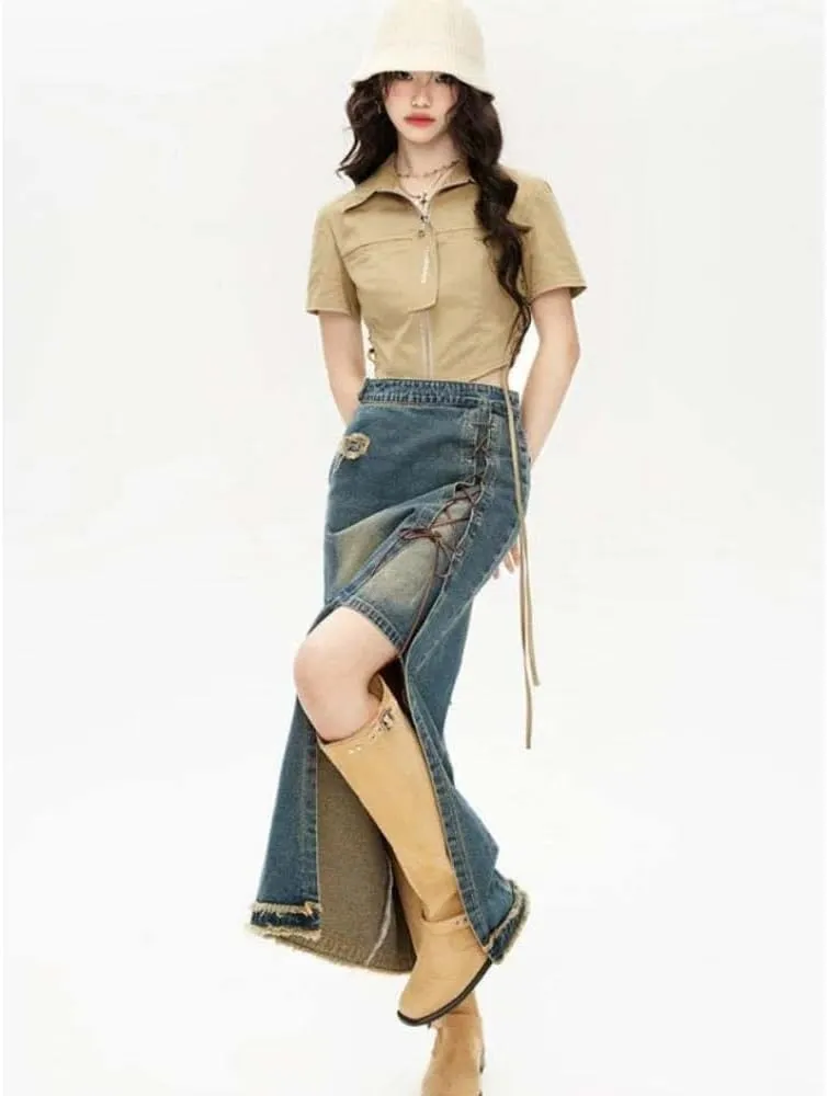 Women High Waist Lace-Up Front Split Denim Skirt Casual Maxi Skirt Vintage Style Frayed Hem Detail
