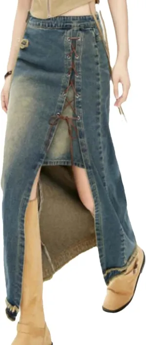 Women High Waist Lace-Up Front Split Denim Skirt Casual Maxi Skirt Vintage Style Frayed Hem Detail