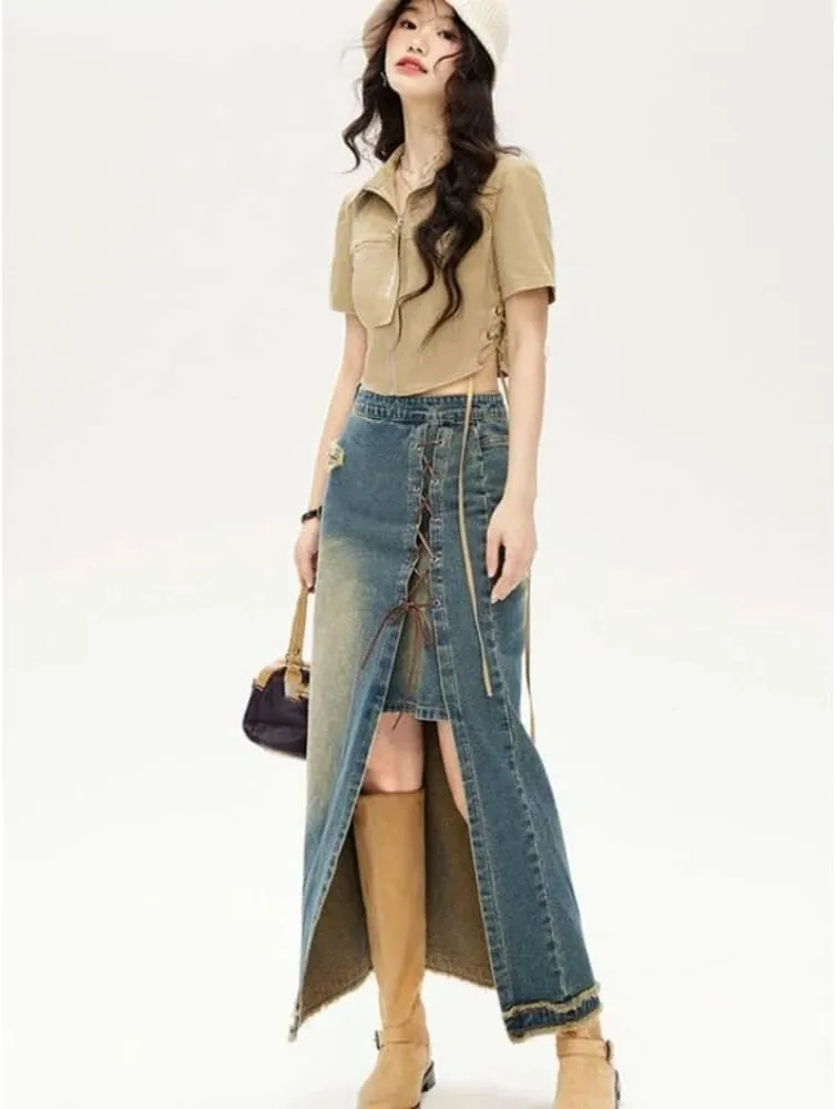 Women High Waist Lace-Up Front Split Denim Skirt Casual Maxi Skirt Vintage Style Frayed Hem Detail