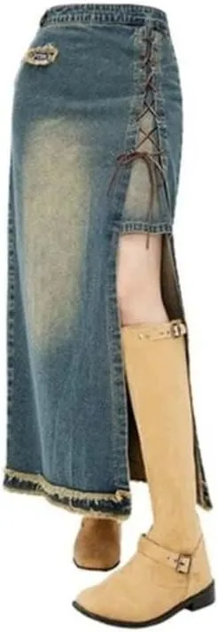 Women High Waist Lace-Up Front Split Denim Skirt Casual Maxi Skirt Vintage Style Frayed Hem Detail