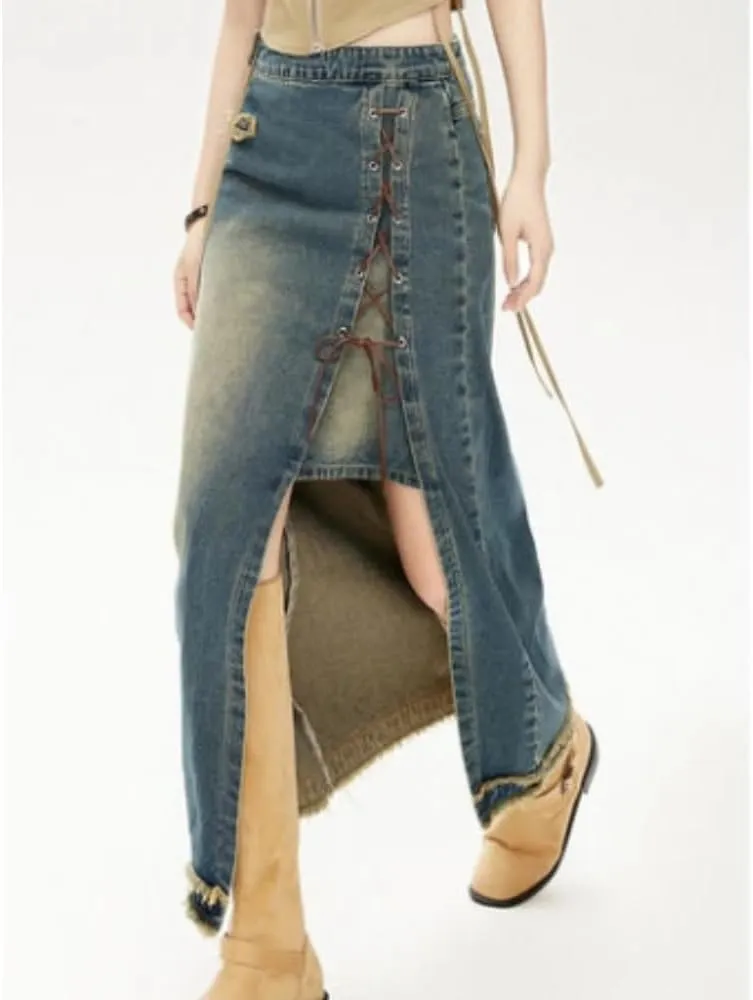 Women High Waist Lace-Up Front Split Denim Skirt Casual Maxi Skirt Vintage Style Frayed Hem Detail