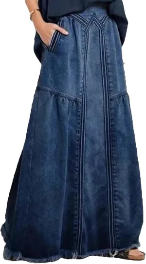 Women High Waist Maxi Button Front Denim Skirt with Pockets Casual Boho Loose Fit Long Skirt