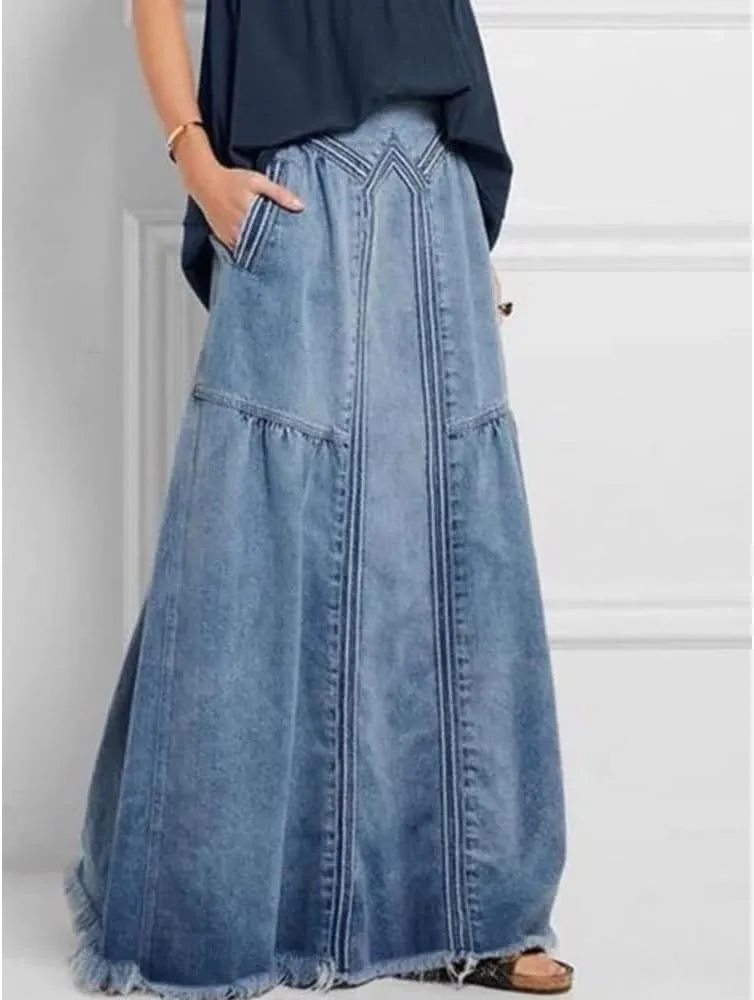 Women High Waist Maxi Button Front Denim Skirt with Pockets Casual Boho Loose Fit Long Skirt