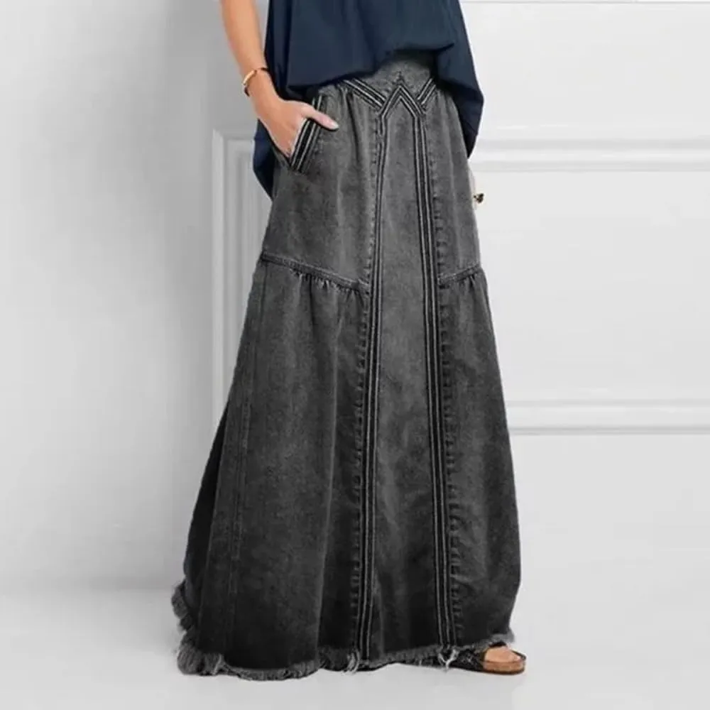 Women High Waist Maxi Button Front Denim Skirt with Pockets Casual Boho Loose Fit Long Skirt