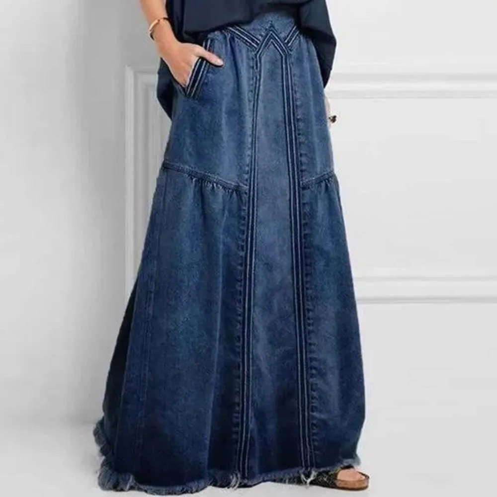 Women High Waist Maxi Button Front Denim Skirt with Pockets Casual Boho Loose Fit Long Skirt
