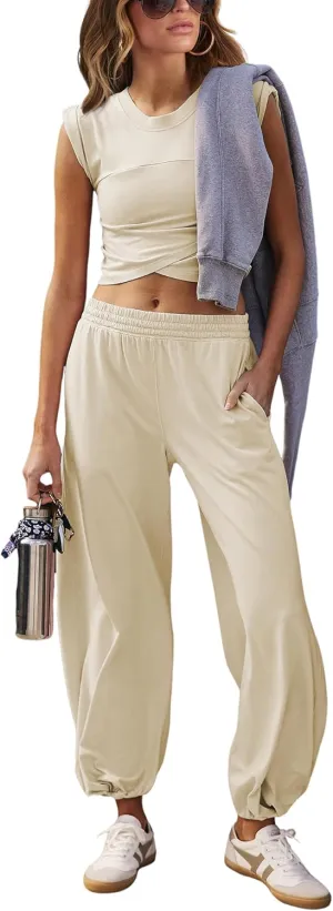 Womens 2 Piece Sweatsuits Sets Casual Workout Cropped Tee Top High Rise Sweatpants Athletic Tracksuits