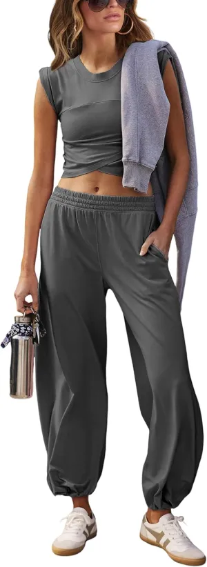Womens 2 Piece Sweatsuits Sets Casual Workout Cropped Tee Top High Rise Sweatpants Athletic Tracksuits