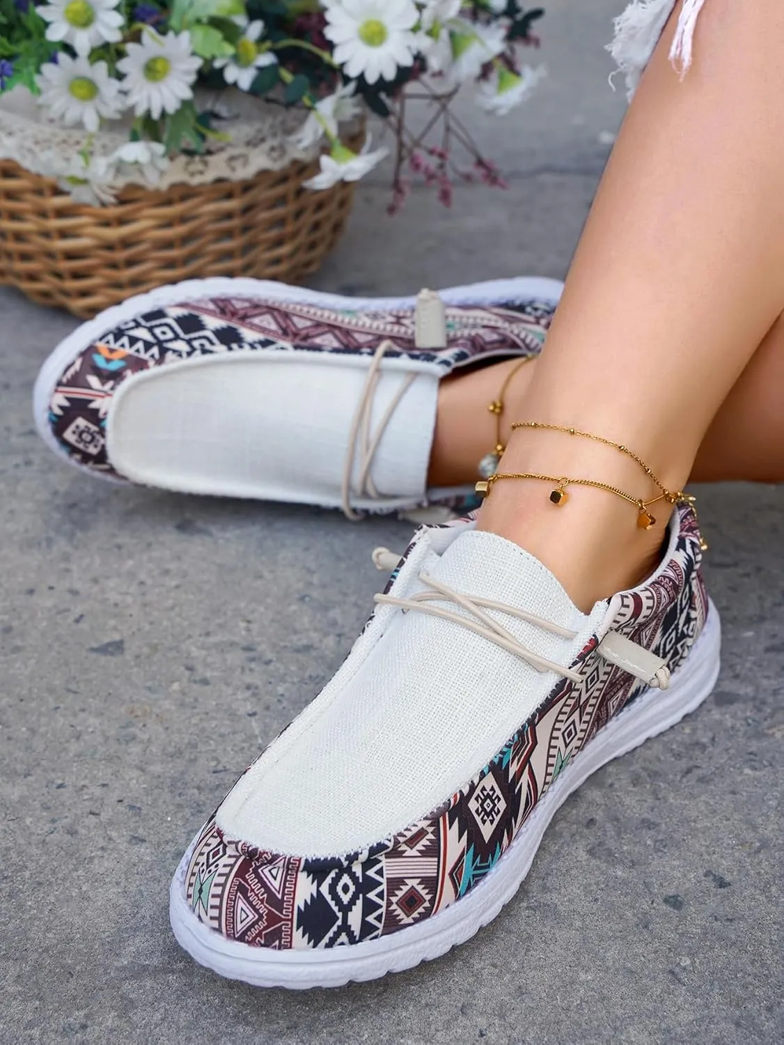 Women's Aztec Loafers Shoes Comfortable Lightweight Boat Shoes Easy Slip On Deck Drving Shoes Elastic Laces Outdoor Flat Walking Shoes Breathable Canvas Shoes Sneakers, Colorful