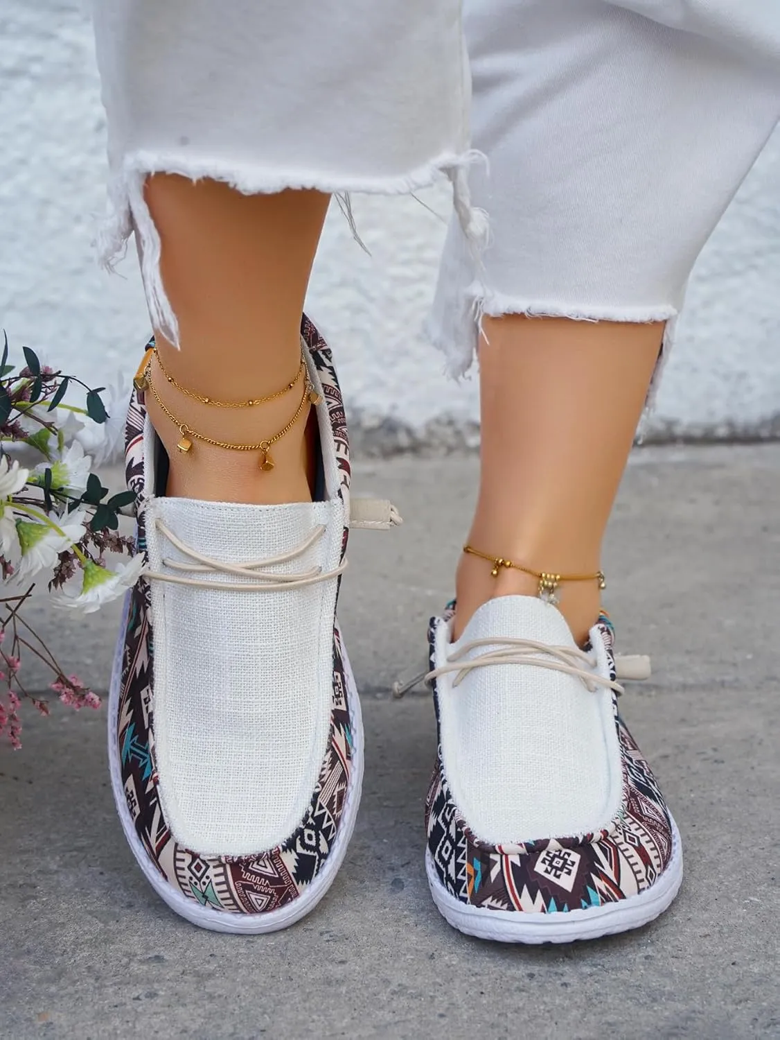 Women's Aztec Loafers Shoes Comfortable Lightweight Boat Shoes Easy Slip On Deck Drving Shoes Elastic Laces Outdoor Flat Walking Shoes Breathable Canvas Shoes Sneakers, Colorful
