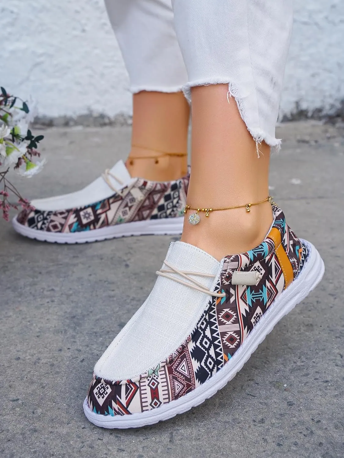 Women's Aztec Loafers Shoes Comfortable Lightweight Boat Shoes Easy Slip On Deck Drving Shoes Elastic Laces Outdoor Flat Walking Shoes Breathable Canvas Shoes Sneakers, Colorful