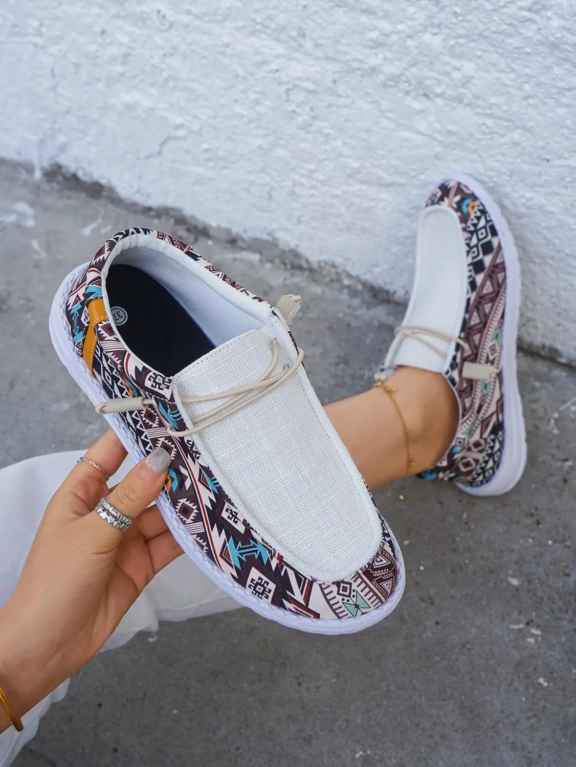 Women's Aztec Loafers Shoes Comfortable Lightweight Boat Shoes Easy Slip On Deck Drving Shoes Elastic Laces Outdoor Flat Walking Shoes Breathable Canvas Shoes Sneakers, Colorful