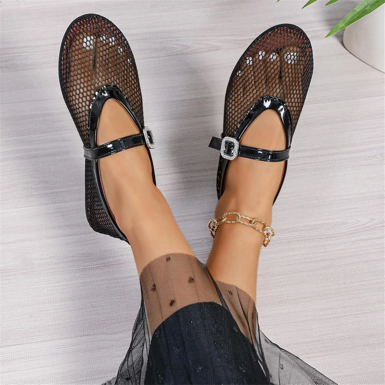Women's Ballet Flats Buckle Strap Ballerina Shoes Buckled Straps Mesh Mary Jane Flat Comfortable Casual Office Fishnet Sandals