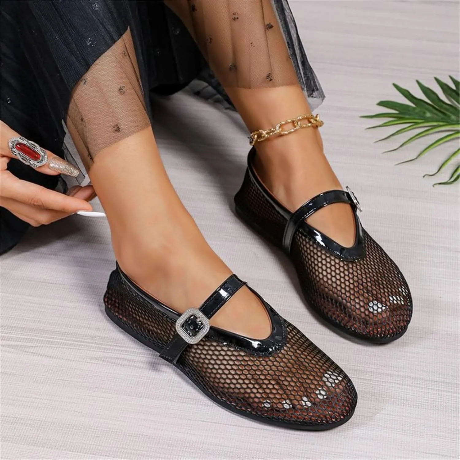 Women's Ballet Flats Buckle Strap Ballerina Shoes Buckled Straps Mesh Mary Jane Flat Comfortable Casual Office Fishnet Sandals
