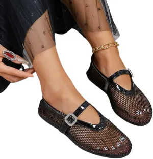 Women's Ballet Flats Buckle Strap Ballerina Shoes Buckled Straps Mesh Mary Jane Flat Comfortable Casual Office Fishnet Sandals