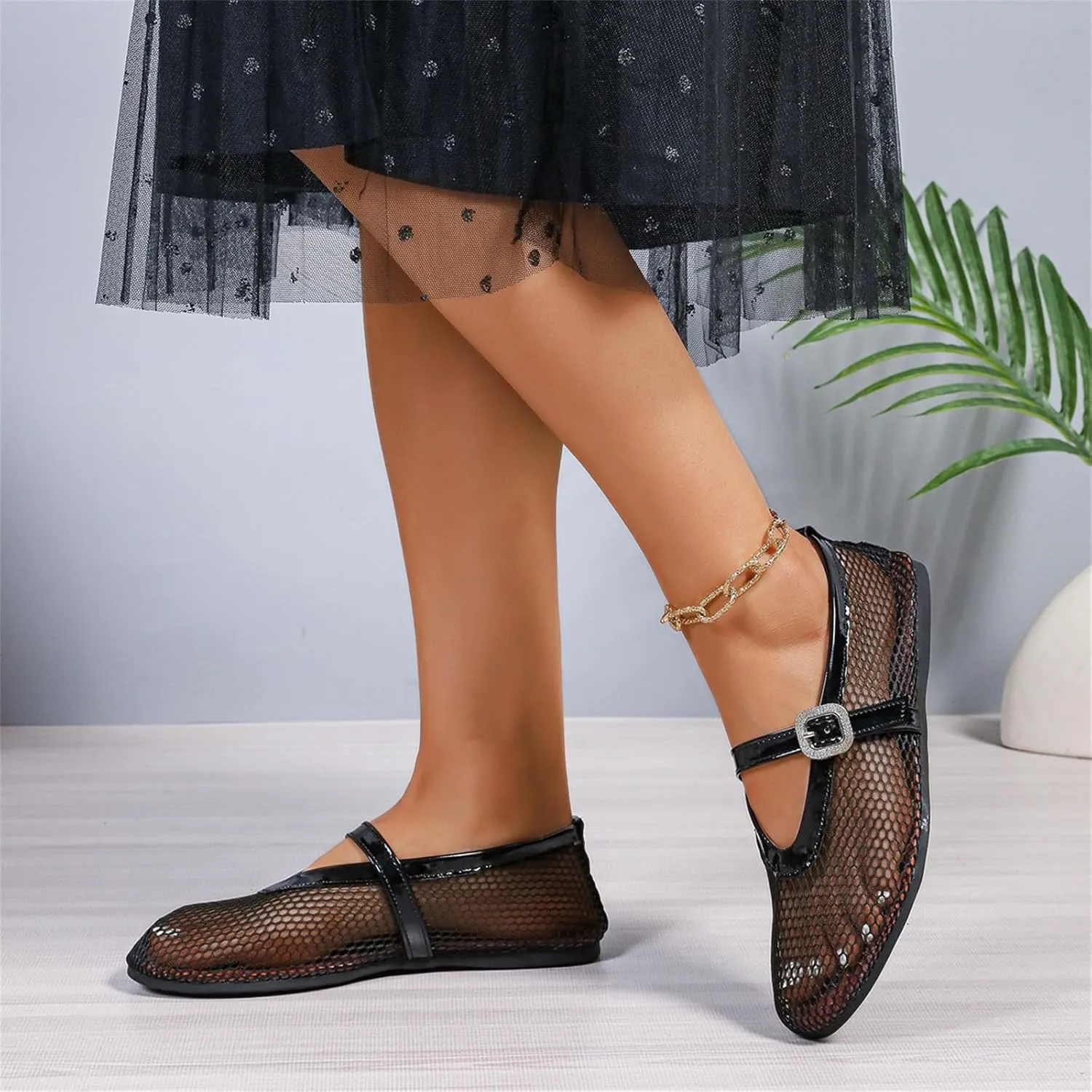 Women's Ballet Flats Buckle Strap Ballerina Shoes Buckled Straps Mesh Mary Jane Flat Comfortable Casual Office Fishnet Sandals