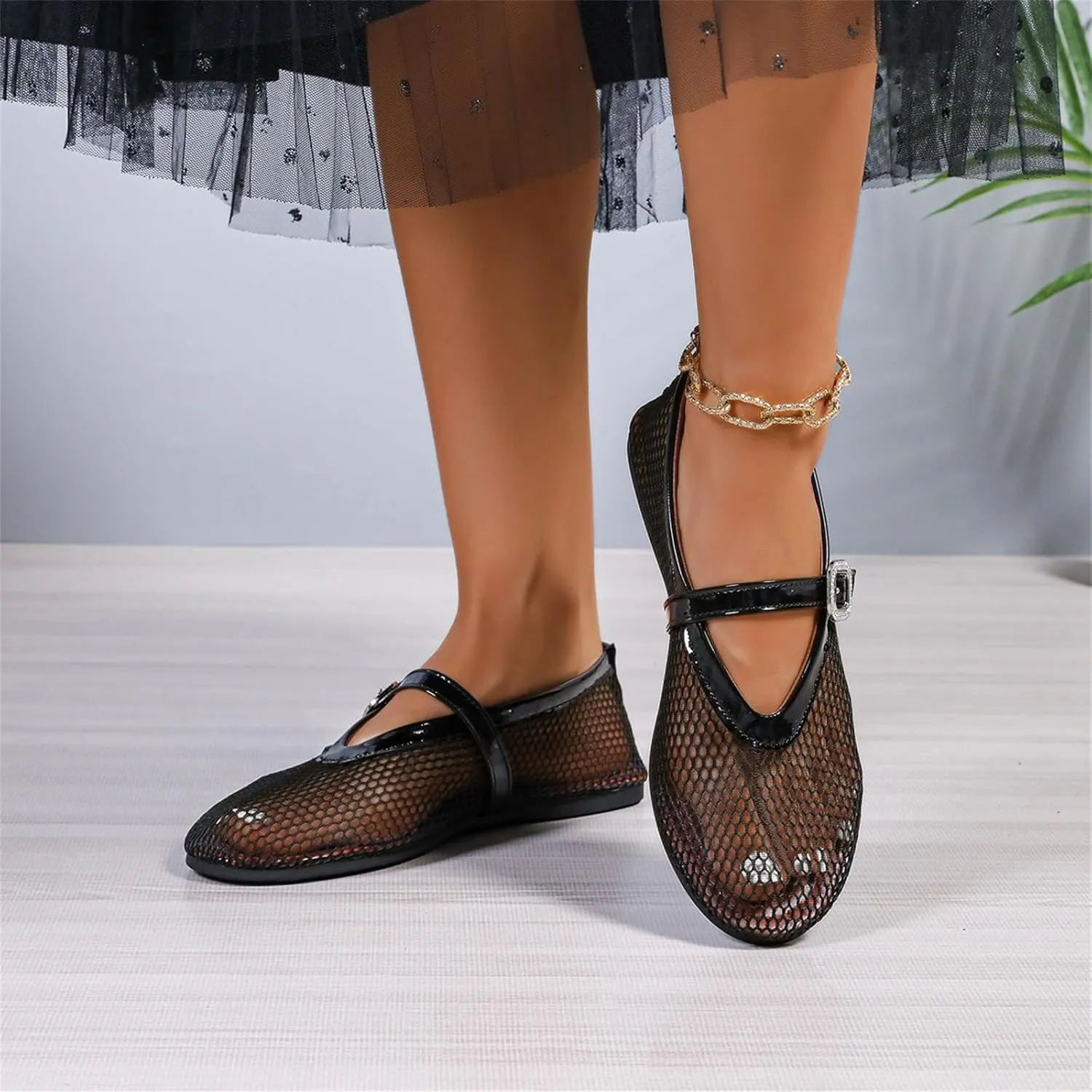 Women's Ballet Flats Buckle Strap Ballerina Shoes Buckled Straps Mesh Mary Jane Flat Comfortable Casual Office Fishnet Sandals