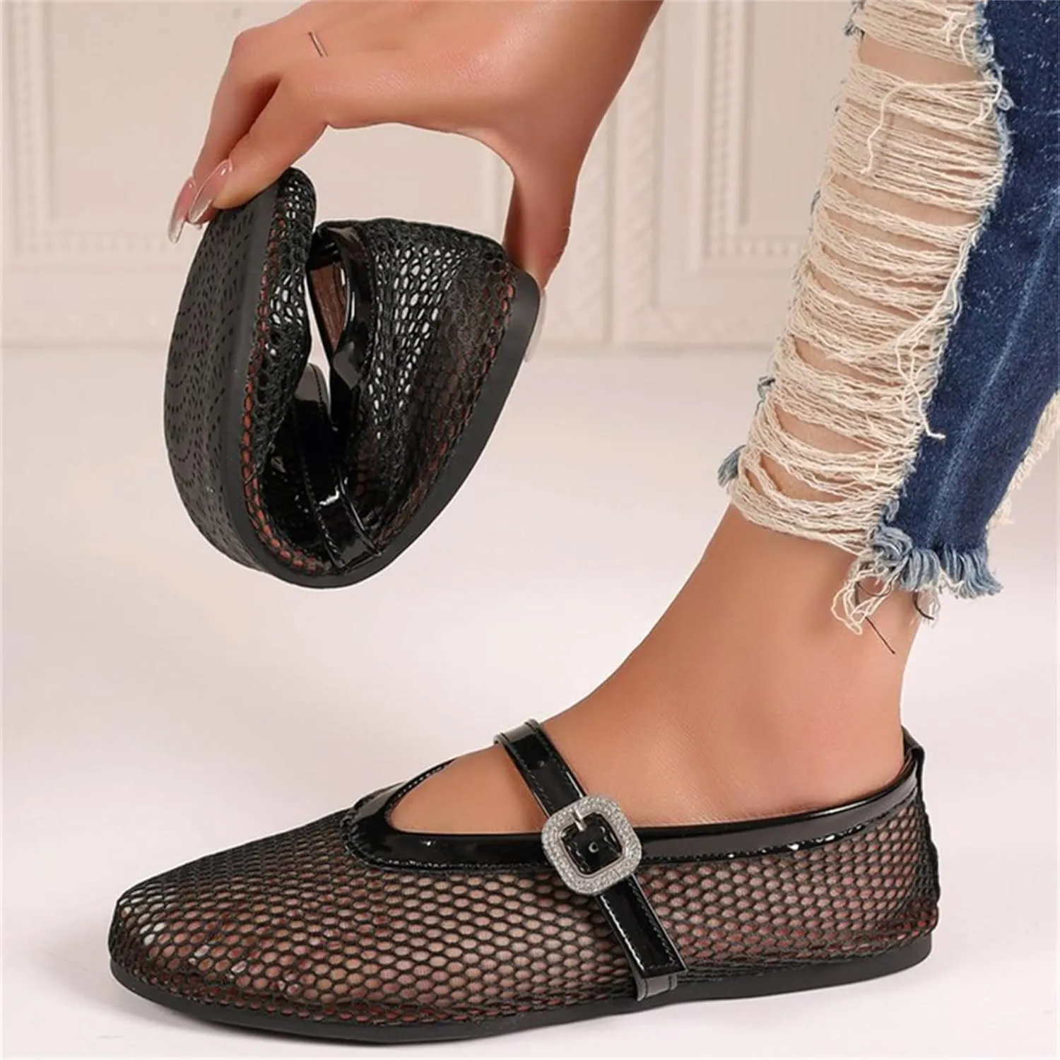 Women's Ballet Flats Buckle Strap Ballerina Shoes Buckled Straps Mesh Mary Jane Flat Comfortable Casual Office Fishnet Sandals