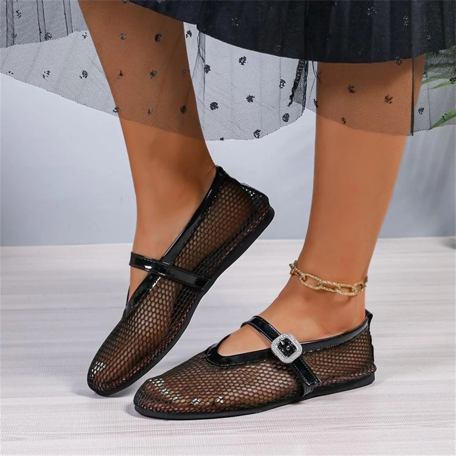 Women's Ballet Flats Buckle Strap Ballerina Shoes Buckled Straps Mesh Mary Jane Flat Comfortable Casual Office Fishnet Sandals